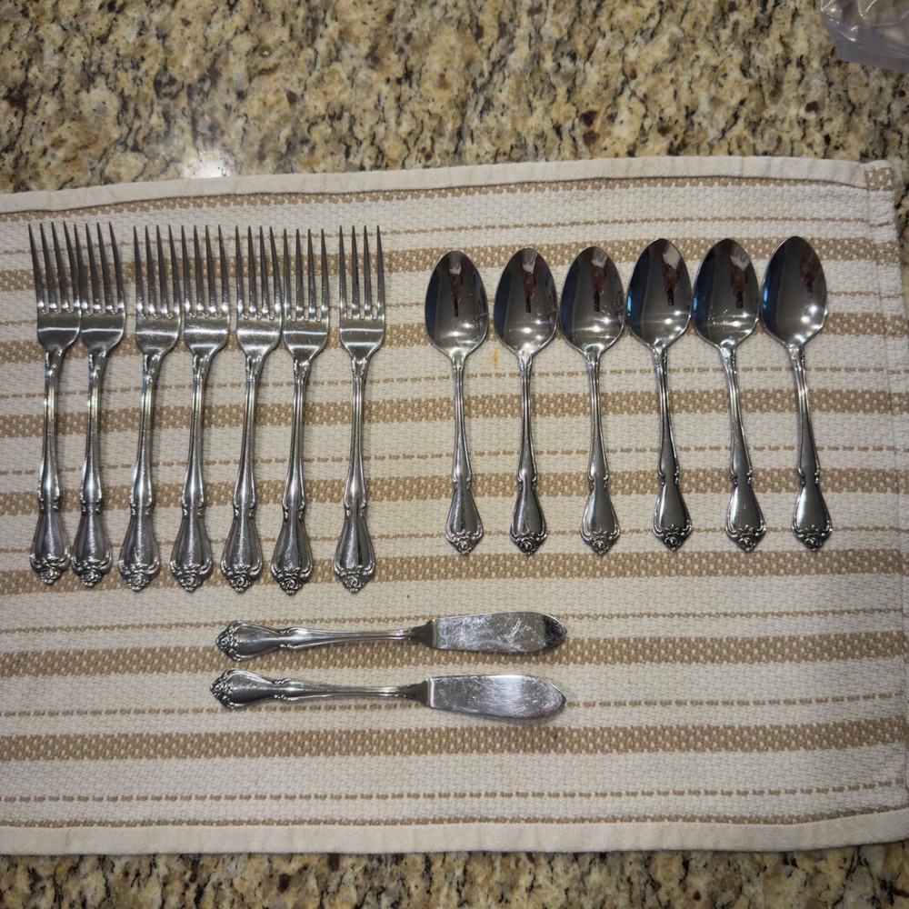 Oneida Arbor Rose Stainless Flatware 15 Piece Set USA 7 Forks 6 Spoons 2 Knives